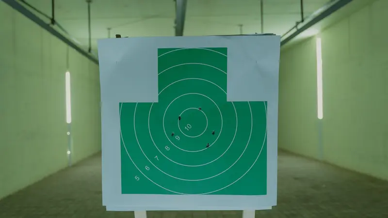 A shooter taking aim down an indoor range lane under bright lights